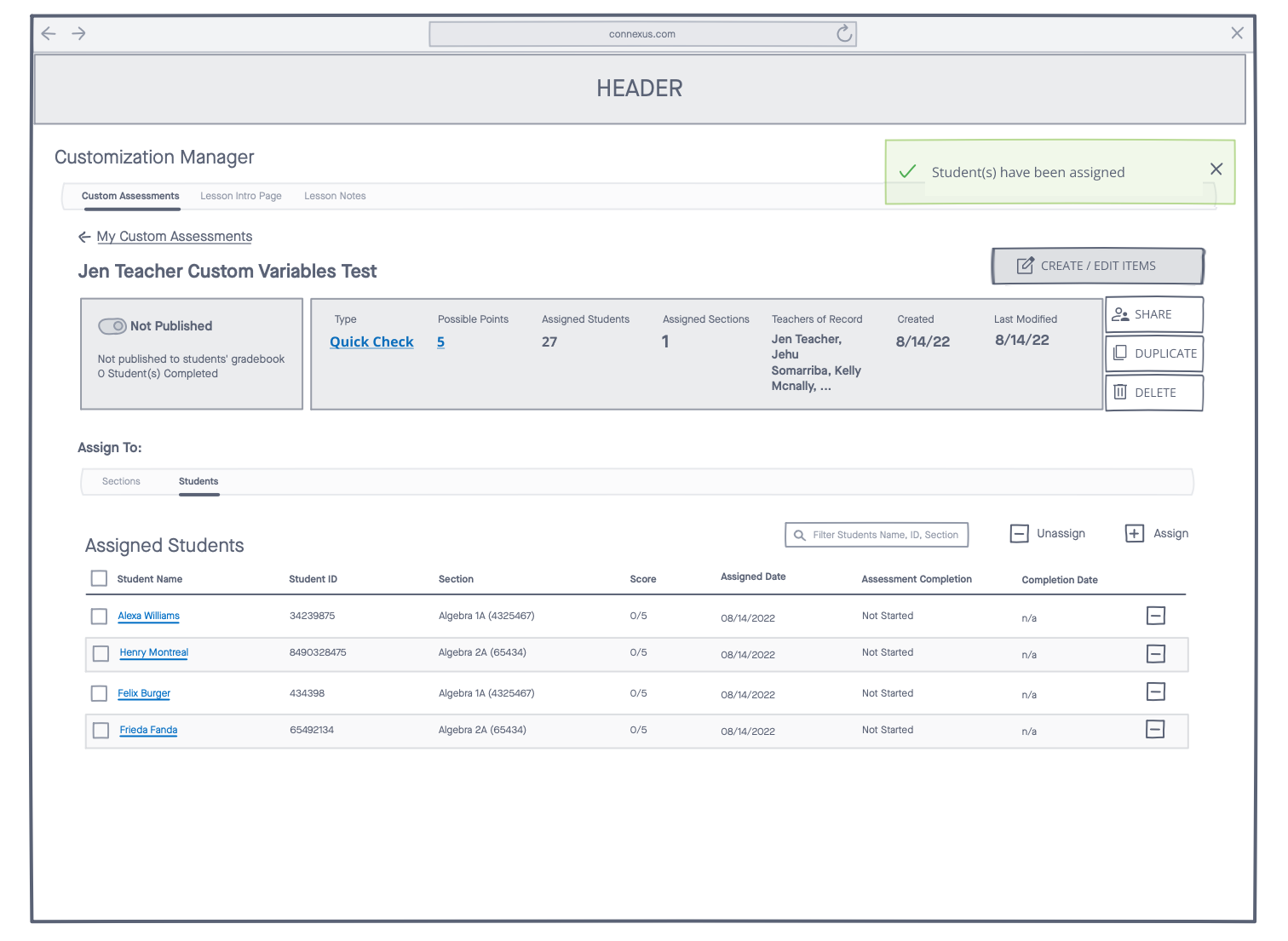 Wireframe for Custom Assessment